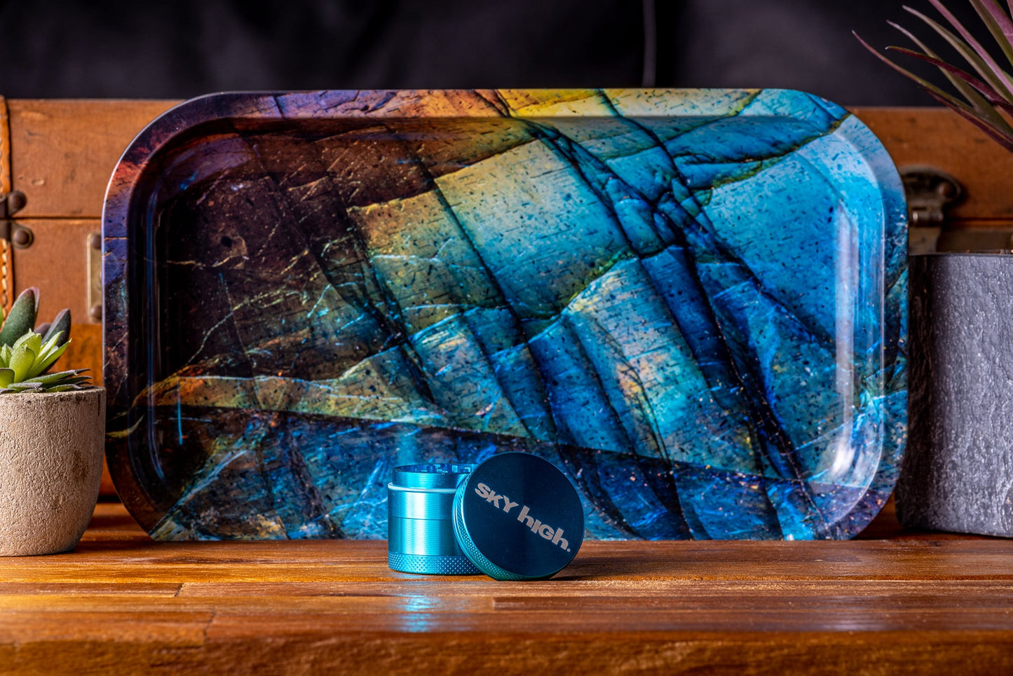 Rolling Tray &amp; Grinder Bundle - Blue Labradorite x Rainbow image 1