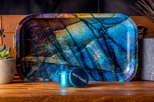 Rolling Tray &amp; Grinder Bundle - Blue Labradorite x Rainbow image 1