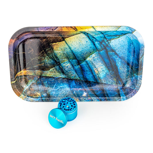 Rolling Tray &amp; Grinder Bundle - Blue Labradorite x Rainbow image 0